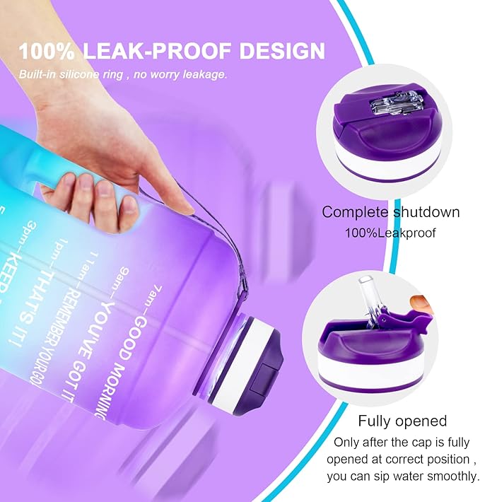 QuiFit Motivational Gallon Water Bottle - with Straw & Time Marker BPA Free Large Reusable Sport Water Jug with Handle for Fitness Outdoor Enthusiasts Leak-Proof