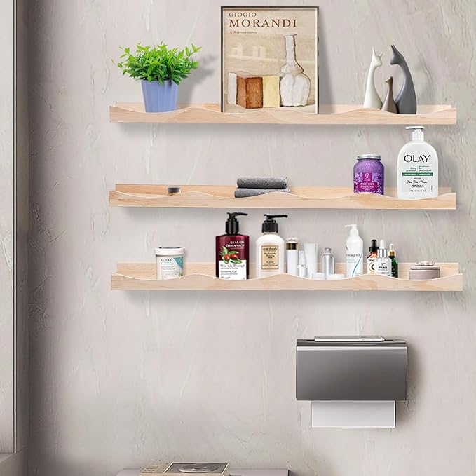 AZSKY Nursery Book Shelves for Kids, Picture Ledge Shelf for Wall Decor and Storage, Floating Photo Shelves with Lip for Picture Frames (Natural Wood, 23.6 Inches Set 3)