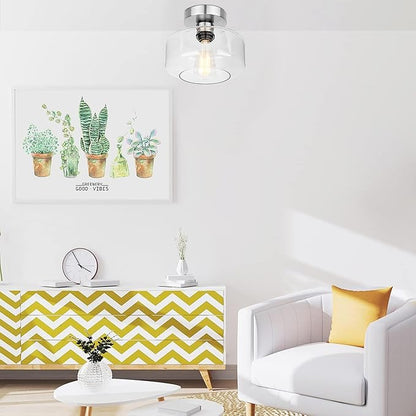 Industrial Semi Flush Mount Ceiling Light Brushed Nickel, 900 Lumen LED Bulb Included, Clear Glass Shade Ceiling Light Fixture, Farmhouse Light Fixture for Hallway Corridor Kitchen Bathroom Bedroom