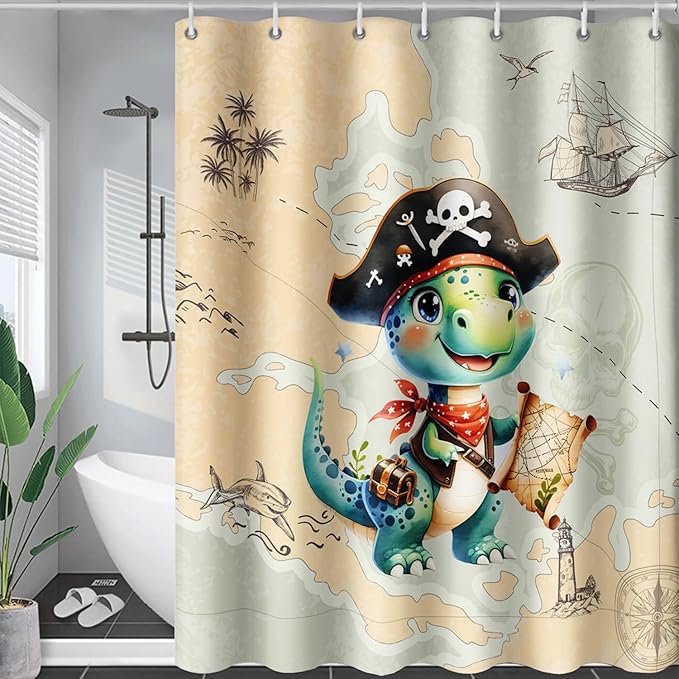 AILONEN Cute Dinosaur Shower Curtain,Ocean Map Nautical Pirate Dinosaur Bath Curtain,Boys Exploring Captain Dinosaur Decoration Kids Curtain with 12 Plastic Hooks,Waterproof 36" W*72" H
