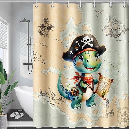 AILONEN Cute Dinosaur Shower Curtain,Ocean Map Nautical Pirate Dinosaur Bath Curtain,Boys Exploring Captain Dinosaur Decoration Kids Curtain with 12 Plastic Hooks,Waterproof 60" W*72" H