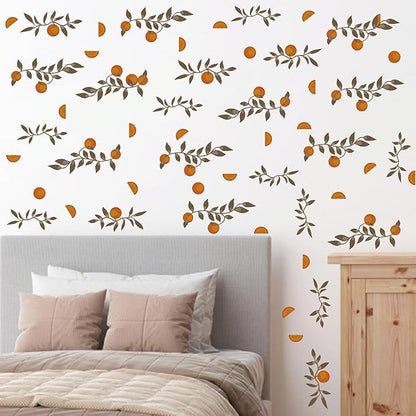 Orange Leaf Wall Stickers Boho Fruit Leaf Wall Stickers Removable Botanical Vintage Fruit Wall Decals Citrus Green Leaves Orange Wall Stickers for Nursery Kids Room Bedroom Kitchen Decor