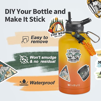 64 oz Insulated Water Bottle with Straw (Cold for 48 Hrs), Half Gallon Stainless Steel Triple Wall Vacuum Sports Water Jug, Leakproof Hydro Cup Flask with Straw Spout Lids & DIY Stickers