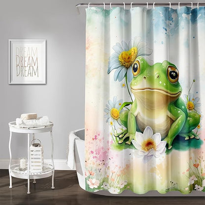 AILONEN Cartoon Frog Shower Curtain Set for Bathroom,Green Frog Bath Curtain,Amphibian Animal Shower Curtain,Tie Dye Flowers Waterproof Fabric Shower Curtain with Hooks,60" W*72" H