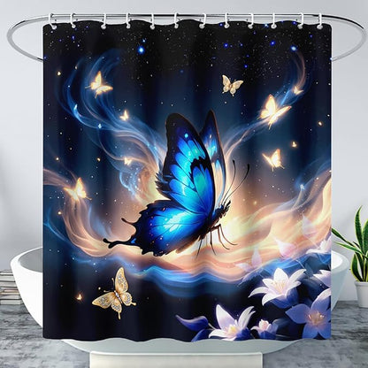 AILONEN Butterfly Shower Curtain,Blue Butterfly Bath Curtain for Girls Kids Women,Glowing Starry Flower Butterfly Decoration Bathroom Waterproof Curtain with 12 Plastic Hooks, 60" W*72" H