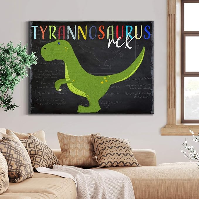 Renditions Gallery Canvas Animal Wall Art Modern Decorations Paintings Green Tyrannosaurus Rex Vibrant Dinosaur Canvas Wall Hanging Artwork for Kids Bedroom Nursery - 24"x36" LT33