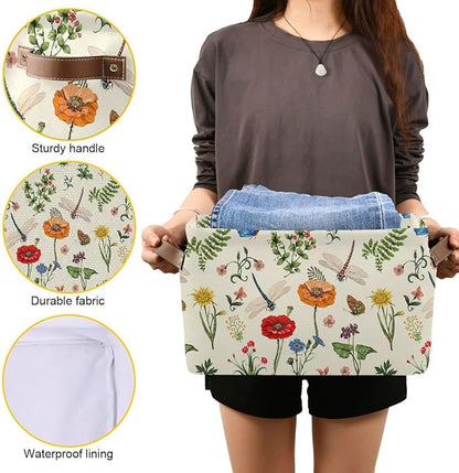 Spring Flowers Herbs Dragonfly Storage Basket Fabric Laundry Baskets Sunflower Lavender Daisy Storage Boxes Organizer Bag for Baby Cloth Dog Toy Book Storage Cubes Shelf Closet Bins 16x12x8 Inches