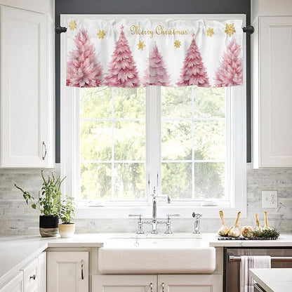 Pink Xmas Tree Window Valance for Bedroom Living Room, Gold Snowflake Christmas Window Curtain for Kitchen Bathroom, Pink Christmas Window Valance Rod Pocket Window Treatment, 54" W x 18" L