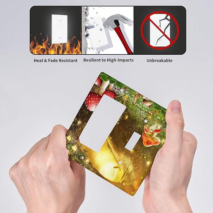 Red Mushroom Forest Fairy Moon Butterfly 2 Gang Single Toggle Rocker Combination Bohemian Light Switch Covers Decorative Wall Plate Cover Electrical Faceplate Switchplate for Kidroom