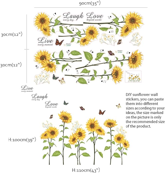 Runtoo Sunflower Butterfly Wall Art Stickers Flower Live Laugh Love Quotes Wall Decals Kids Bedroom Living Room Nursery Wall Decor