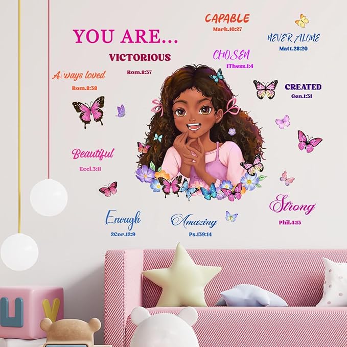Lovely Little Girl Butterfly Wall Decals Inspirational Quotes Wall Decals Positive Words Motivational Lettering African American Wall Stickers for Baby Toddler Room Decorations Nursery Playroom