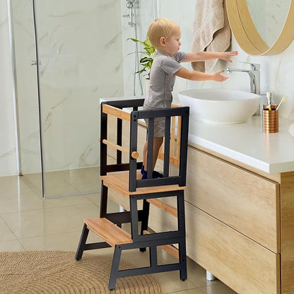 COSYLAND Kids Kitchen Step Stool, Toddler Standing Tower with CPC & FSC Certification, Removable Anti-Drop Railing Safety Rail Enjoys Unique Patented Design A Anti-tip Stable Structure Natural & Black
