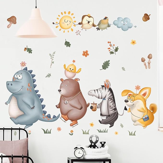 Animals Educational Wall Decals Jungle Animals Dinosaur Bear Zebra Fox Wall Stickers for Daycare Boy Room Girl Room Nursery Baby Room Bedroom Playroom