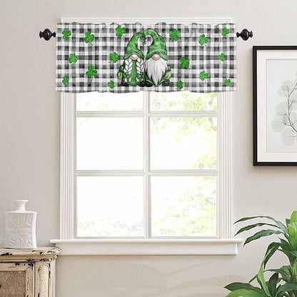 St. Patrick's Day Kitchen Curtains and Valances Set, Buffalo Plaid Shamrock Gnome Window Tiers Spring Holiday Farmhouse Decor Half/Short Curtains for Small Windows Cafe /Living Room/ Bedroom 54x24