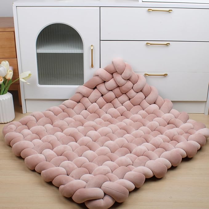XHJRI Thickened Braided Knot Seat Mat, Knotted Floor Decorative Cushion, Handmade Baby Infant Playing Pad Nursery Rug (27.5 * 31.5 Inch,Dusty Rose)
