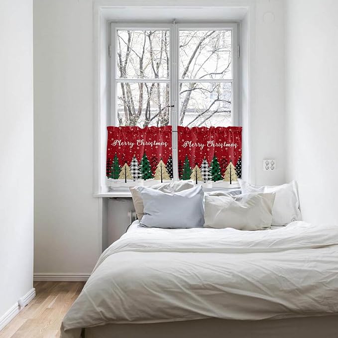 Red Merry Christmas Kitchen Curtains and Valances Set, Green Christmas Tree Windows Treatments Tiers Half/Short Curtains for Small Windows Cafe /Living Room/ Bedroom 54x24 in White Snow Forest Winter