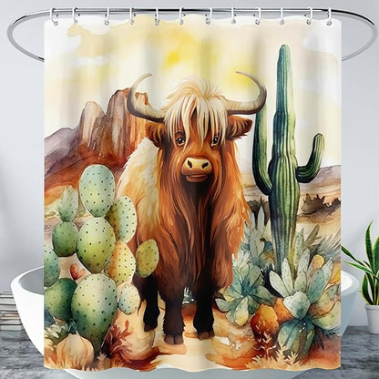 AILONEN Yak Shower Curtain Set, Desert Cactus Yak Polyester Waterproof Shower Curtain,Watercolour Sunset Warm Yellow Cloth Bath Curtain Set with Plastic Hooks,36" Wx72 H