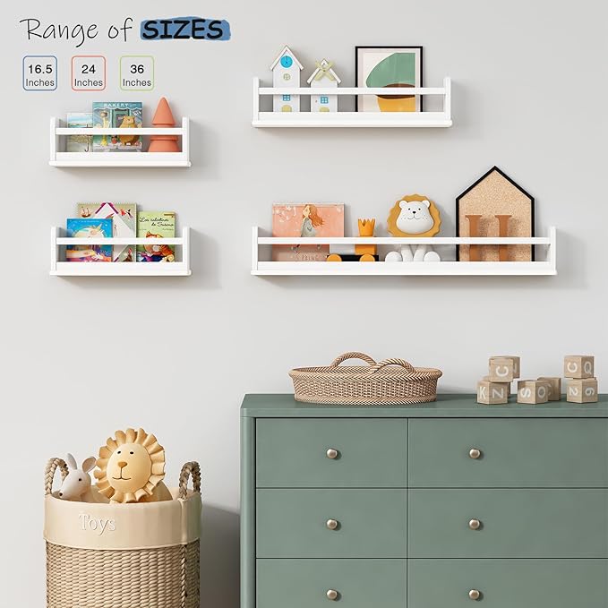 24 Inch Wide Bookshelf for Kids Room Wall Decor, Floating Nursery Book Shelves for Baby Children Teens Bedroom, Corner Hanging Bookshelves Wall Mounted for Classroom Library (White)