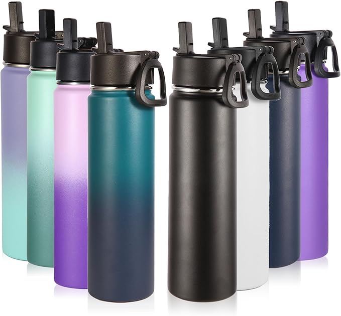 Volhoply 24oz Insulated Water Bottle With Straw Bulk 8 Pack,Metal Wide Mouth Water Bottles With Handle Keep Cold,Reusable Double Wall Thermos,Powder Coated Sport Bottle For Holder(Eight Color,8 count)