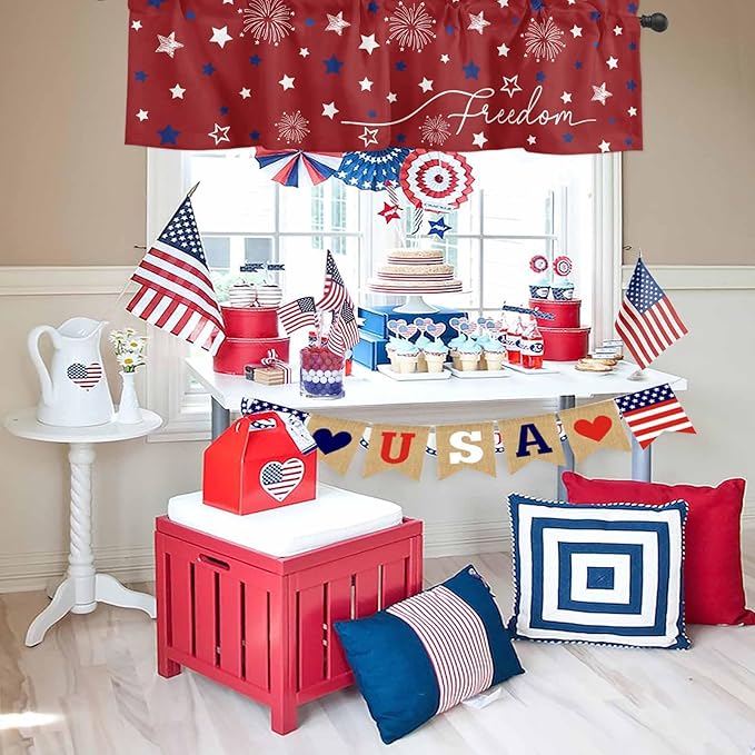 Patriotic 4th of July Kitchen Curtains Valances for Windows Red White Blue Stars Freedom Rod Pocket Window Treatment for Kitchen /Living Room/Bedroom/ Bathroom, 54" X 18", Memorial Day Summer