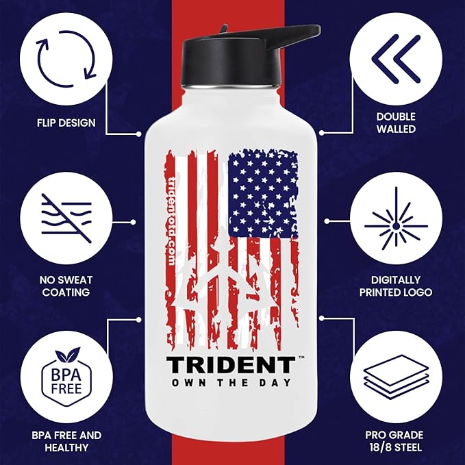 American Flag 64 oz Water Bottle, Reusable Water Bottle with Straw, Leak Proof Water Bottles, 64oz Insulated Water Bottle, Thermos Water Bottle - Retired Navy Combat Vet Small Business (White, 64 Oz)