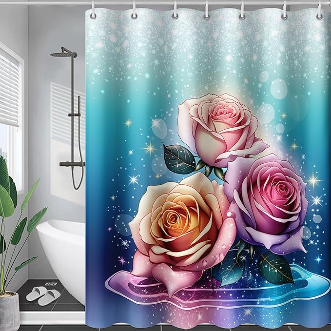AILONEN Rose Shower Curtain for Bathroom Decor,Galaxy Pink Rose Bath Curtain Gifts for Girls Women,Modern Minimalism Curtain,Polyester Waterproof with 12 Plastic Hooks, 72" W*78" H