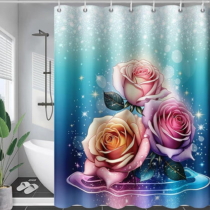AILONEN Rose Shower Curtain for Bathroom Decor,Galaxy Pink Rose Bath Curtain Gifts for Girls Women,Modern Minimalism Curtain,Polyester Waterproof with 12 Plastic Hooks, 72" W*96" H