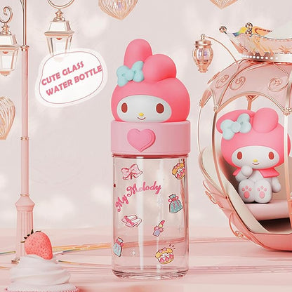 360ML/12.2OZ Cute Glass Water Bottle, Cute Portable Sports Leakproof Water Cup,Cute Glass Water Bottle for School, Camping,Traveling,Office,Car,Girls(Pink)