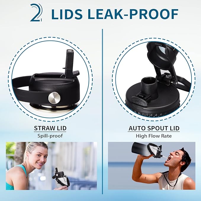 Metal Water Bottle 32 oz - Insulated Water Bottles Keep Cold 48H Hot 24H, Large Waterbottle with Strap, Straw & Spout Lid, Protective Boot, Wide Mouth Stainless Steel Thermo Jug Flask Sport Office