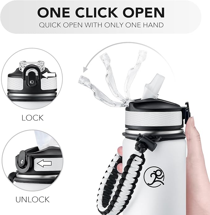 GOSWAG Insulated Sports Water Bottle, 24oz 2 Lids(with Straw/No Straw), Stainless Steel Water Bottles with Paracord Handle, Insulated Thermos with Double-Wall Vacuum Insulation