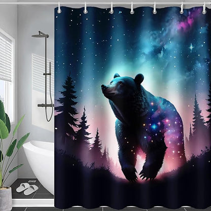 AILONEN 3D Bear Shower Curtain for Bathroom,Evening Starry Black Bear Printed Bath Curtain,Forest Wildlife Decoration Shower Curtain Waterproof 36" W*72" H