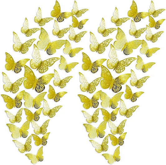 72Pcs 3D Butterfly Wall Decor 3 Sizes 3 Styles, Removable Butterfly Stickers Wall Decals, Butterfly Decorations Party Birthday Cake Decoration for Kids Nursery Wedding Bedroom Room(Gold)