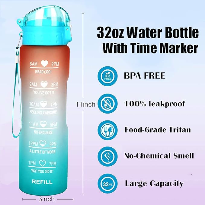 XACIOA Water Bottle with Straw,32oz Plastic Cup with Motivational Time Marker,1L Tritan Sport Lightweight Leakproof BPA-Free,Wide Mouth Fast Flow Ensure You Have Times to Drink,with Straw & Cup Brush