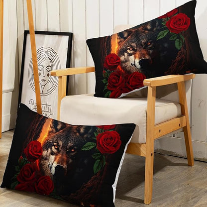 AILONEN Girls Wolf Fitted Sheet Set Full Size, 3 Pieces Bedding Set Red Rose Wolf Sheet Set for Women Teen Kids,Wildlife Bed Sheet Set Wolf Fitted Sheet with 2 Pillowcases