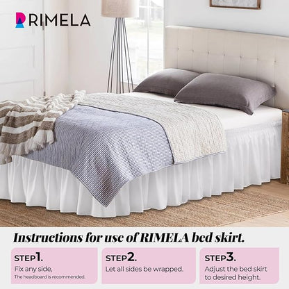 RIMELA Bed Skirt Wrap Around Elastic Dust Ruffles Solid Color Wrinkle and Fade Resistant with Adjustable Elastic Belt Easy to Install White for King & California King Size 18 Inch Drop