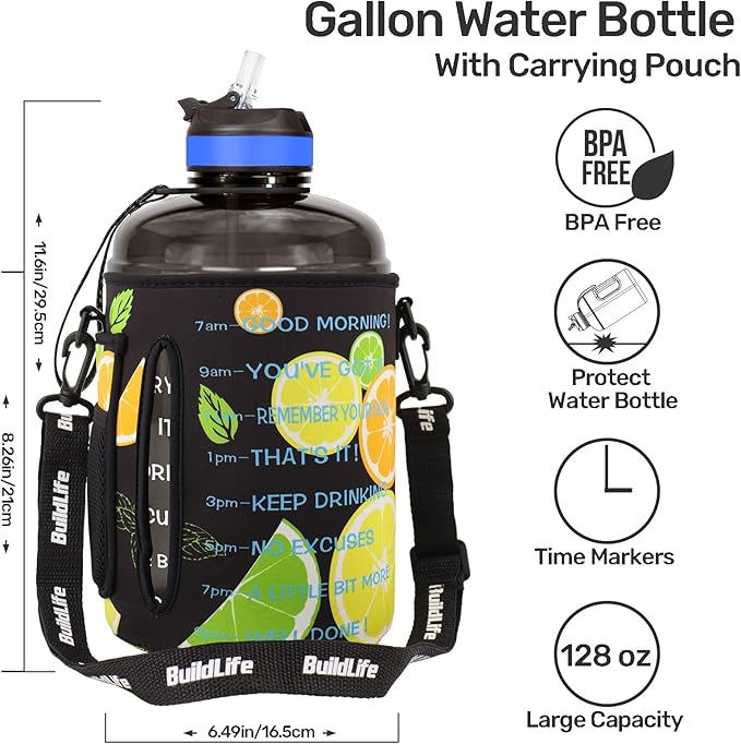 QuiFit Motivational Gallon Water Bottle - with Straw & Time Marker BPA Free Large Reusable Sport Water Jug with Handle for Fitness Outdoor Enthusiasts Leak-Proof