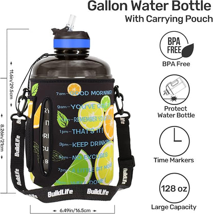 QuiFit Motivational Gallon Water Bottle - with Straw & Time Marker BPA Free Large Reusable Sport Water Jug with Handle for Fitness Outdoor Enthusiasts Leak-Proof
