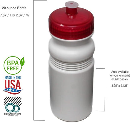 Rolling Sands 20 Ounce Sports Water Bottles 24 Pack, BPA-Free, Made in USA, Dishwasher Safe, White Bottles/Red Lids
