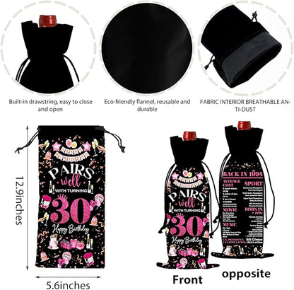 30th Birthday Gifts for Her Women Men Wine Bag, 30 Year Old Birthday Gifts for Women Men, Happy 30th Birthday Party Decorations for Her Him, Pairs Well with Turning 30 Wine Bags (Black Pink)