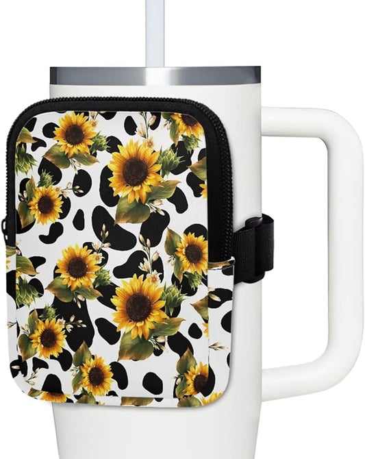 Cow Sunflower Stanley Cup Pouch with Adjustable Strap Water Bottle Storage Bag 20oz-40oz IceFlow Tumbler Pouch for Stanley Accessories
