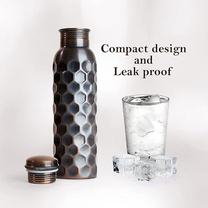 Eunoia Copper Water Bottle with Lid 32 oz, Handmade Ayurvedic Copper Bottle Water Vessel, Gym Water Bottle for Sports Exercise Yoga Fitness, Diamond Antique