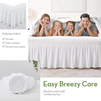 RIMELA Bed Skirt Wrap Around Elastic Dust Ruffles Solid Color Wrinkle and Fade Resistant with Adjustable Elastic Belt Easy to Install White for King & California King Size 18 Inch Drop