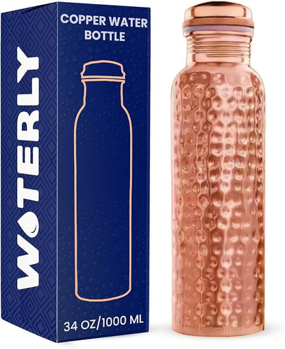 Handcrafted Pure Hammered Copper Bottle 34 oz (1000 ml) | Ayurvedic Pure Copper Bottle | Best use for Office, Gym & gifts | 100% Pure Heavy Copper Material with Leak proof Quality ( Hammered )
