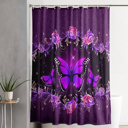 AILONEN Girls Butterfly Shower Curtain for Bathroom, Purple Rose Floral Butterfly Bathroom Curtain,Flying Butterfly Bath Curtain 72" W*72" H Polyester Waterproof Bathroom Curtain with 12 Hooks