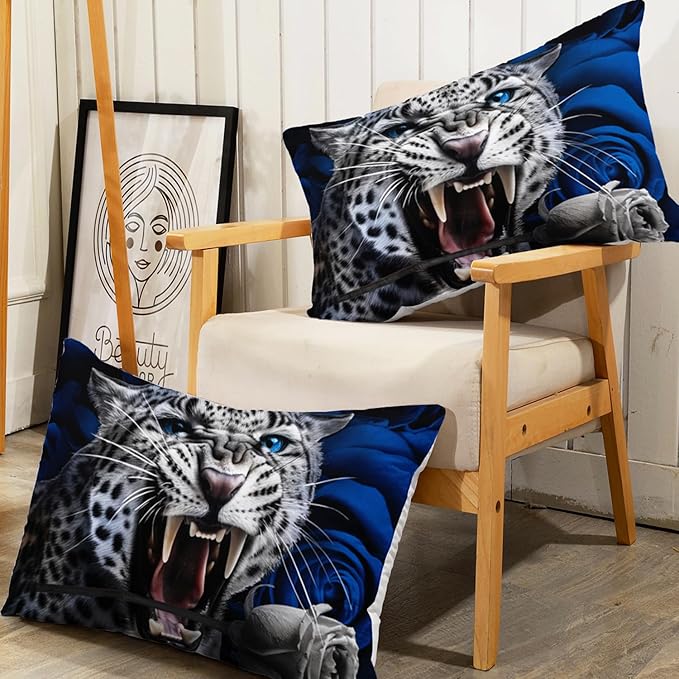 AILONEN Leopard Fitted Sheet Set Twin Size, Roaring Cheetah Print Bed Sheet Set,Blue Rose Bedding Grey Leopard Sheet Set,Wildlife Bed Sheet Set Animal Themed Fitted Sheet and 2 Pillowcases,3 Pieces