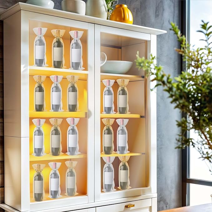 Megitzuu 20 Pieces Organza Wine Bags, 14.6 x 5.5 Inch Wine Gift Bag with Drawstring Sheer Mesh Wine Gift Pouches Bottle Covers for Halloween Christmas Wedding Party Favors (Gold+White)