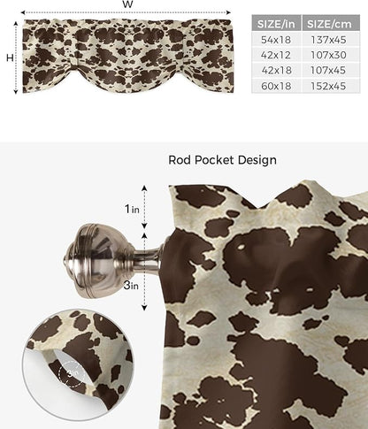 Brown Cowhide Cow Print Blackout Tie Up Valance Curtains for Kitchen Windows Graffie Window Toppers Balloon Shades for Living Room/Bathroom/Bedroom,1 Panel,54" X 18"
