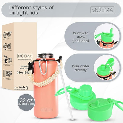 32oz Insulated Water Bottle with Paracord Handle and Straw, Stainless Steel Cup with 2 Lids & Straw, BPA-Free, Thermo Bottle Double Wall Vacuum Insulation, for Gym, Sports (Coral Orange)
