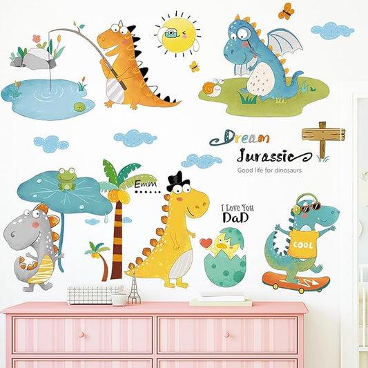 Cartoon Dinosaur Wall Decals Tyrannosaurus Rex Dinosaur Eggs Wall Stickers for Boy's Room Kids Baby Nursery Bedroom Playroom Living Room Wall Decor
