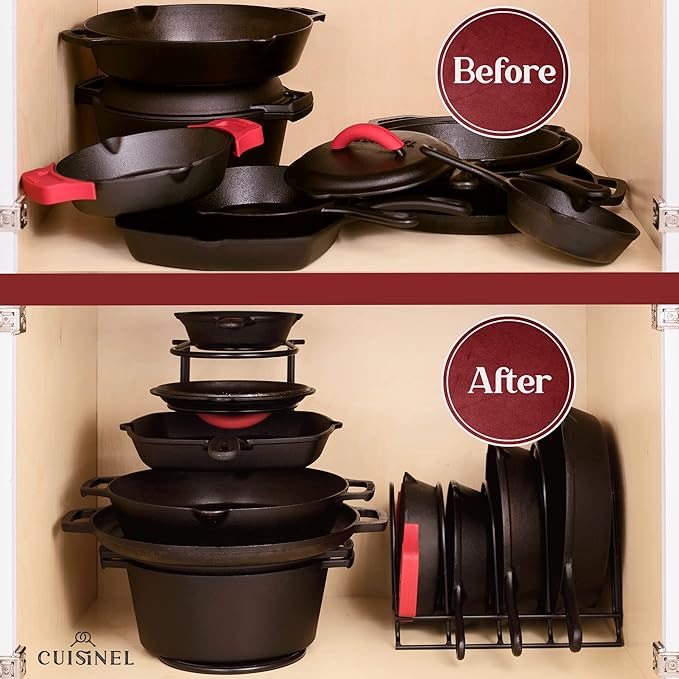 Cuisinel Heavy Duty Pan Organizer - Extra Large 5-Tier Rack - For Cast Iron Skillets, Dutch Oven, Griddles - Durable Steel Construction - Space Saving Kitchen Storage - No Assembly Required - Blue 15"